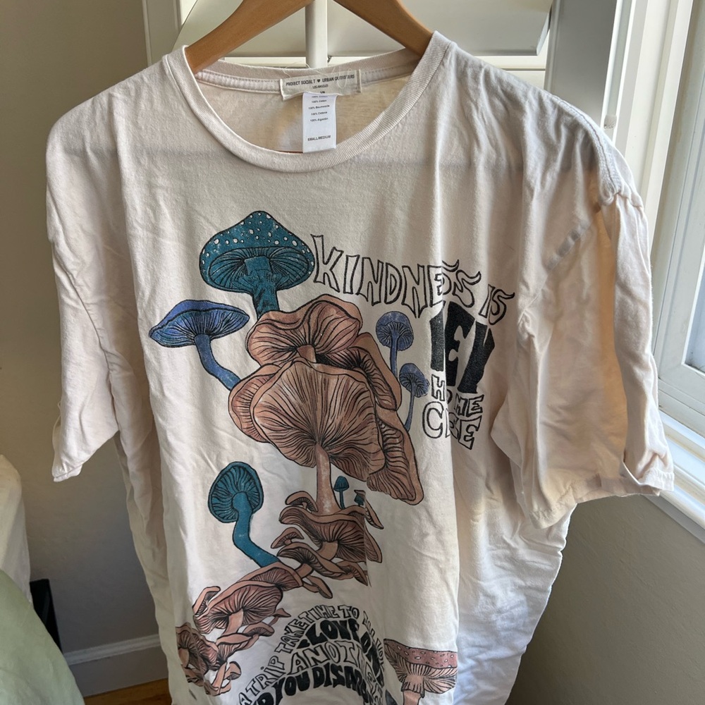 Urban Outfitters White Graphic Tee with Blue and Brown Accents